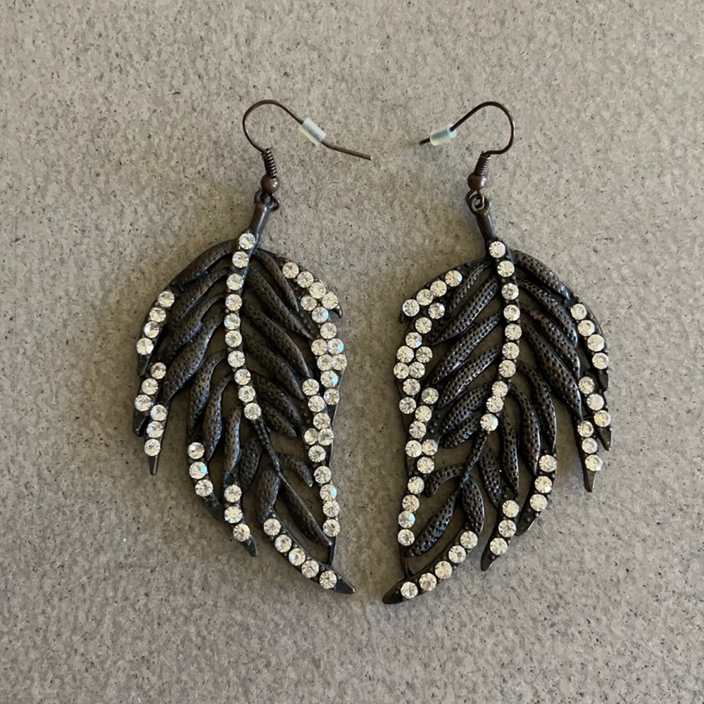 Metal Feather Statement Earrings with Rhinestones